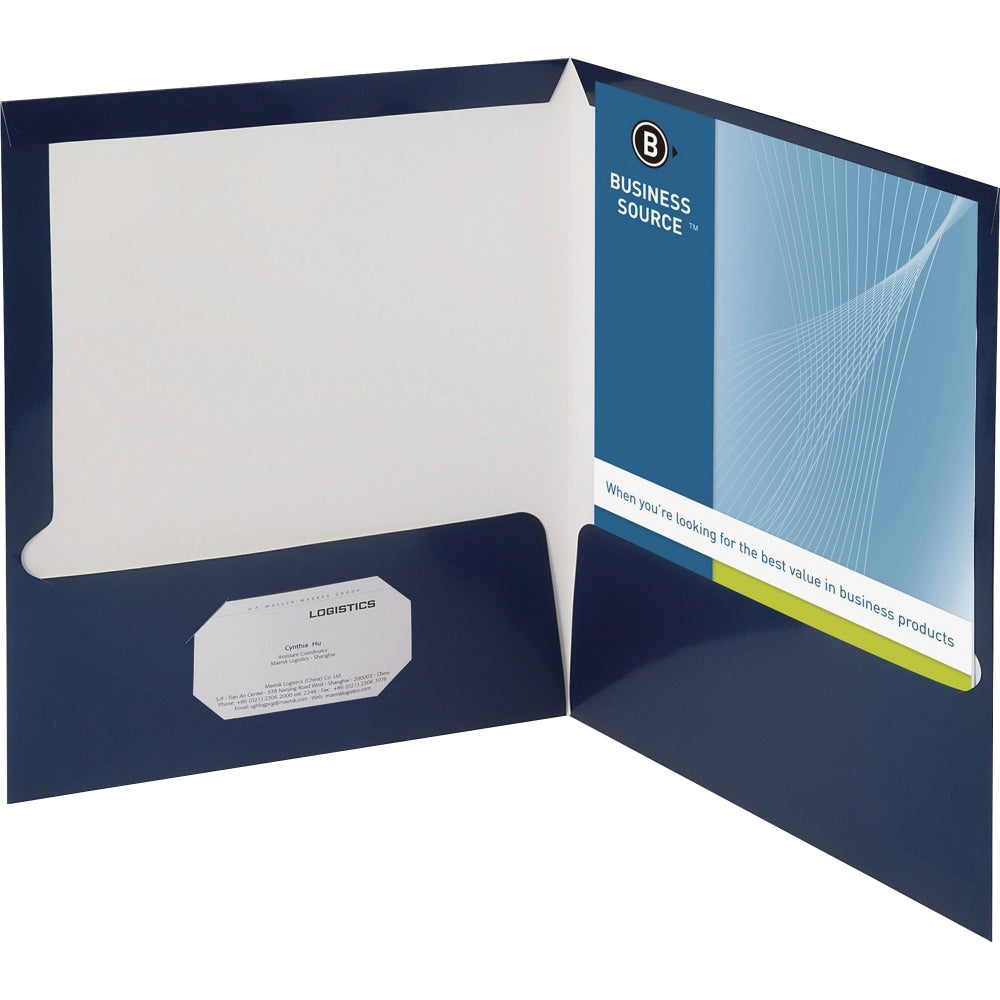 Business Source Letter Pocket Folder - 8 1/2in x 11in - 100 Sheet Capacity - 2 Internal Pocket(s) - Card Paper - Navy - 25 / Box