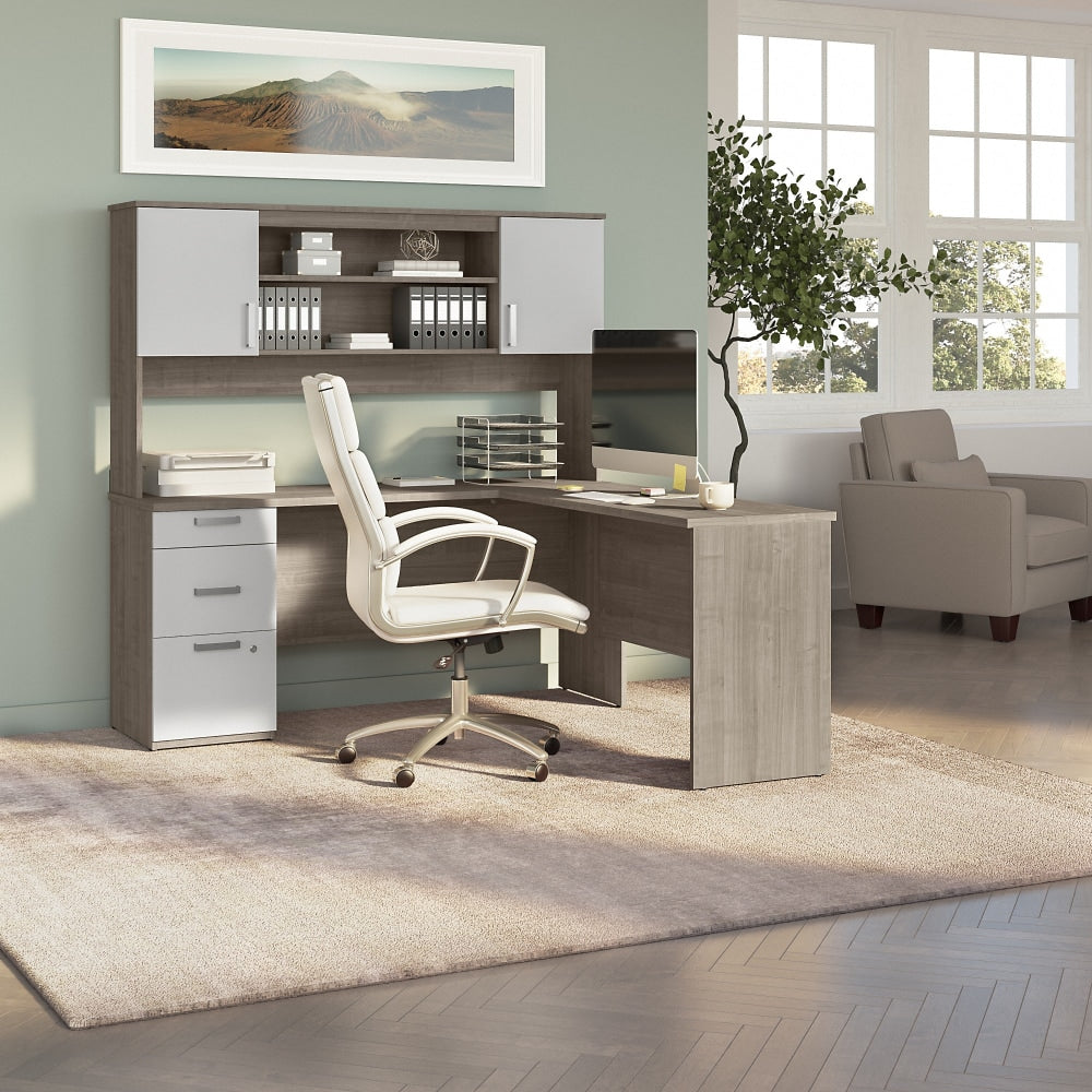 Bestar Ridgeley 65inW L-Shaped Corner Desk With Hutch, Silver Maple/Pure White