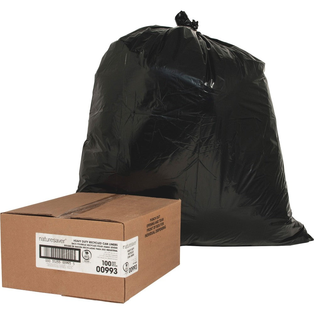 Nature Saver 75% Recycled Heavy-Duty Trash Liners, 33 Gallons, 33in x 49in, Black, Box Of 100