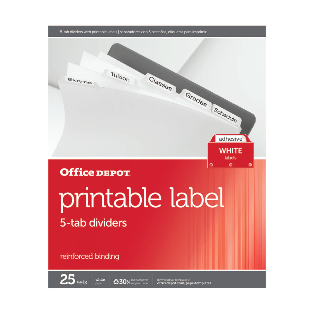 Office Depot Brand Plain Dividers With Tabs And Labels, White, 5-Tab, Pack Of 25 Sets