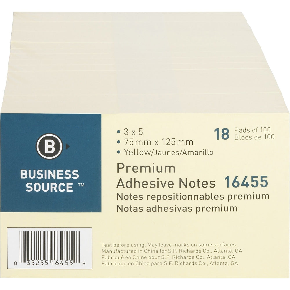 Business Source Repositionable Notes - 3in x 5in - Rectangle - Yellow - Repositionable, Solvent-free Adhesive - 18 / Pack