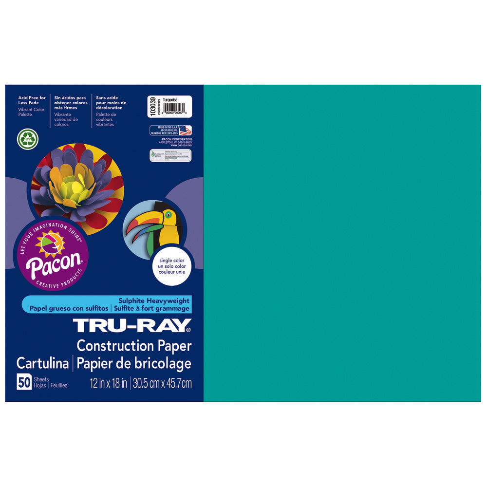 Tru-Ray Construction Paper, 50% Recycled, 12in x 18in, Turquoise, Pack Of 50