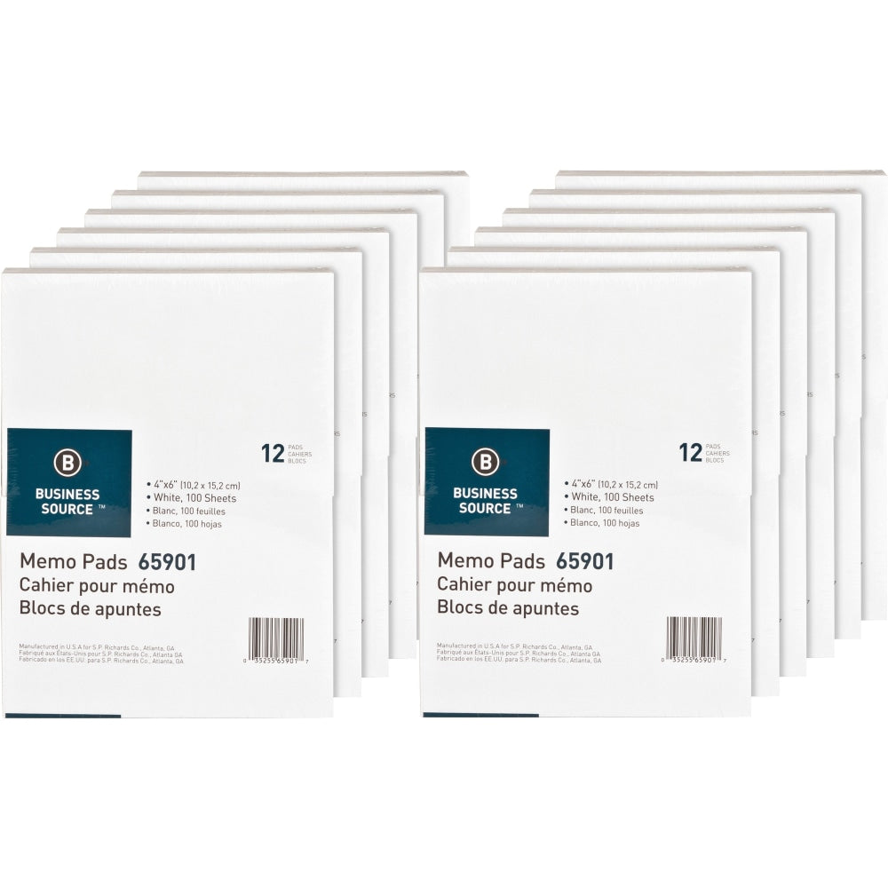 Business Source Plain Memo Pads - 100 Sheets - Plain - Glued - Unruled - 15 lb Basis Weight - 4in x 6in - White Paper - Chipboard Backing - 144 / Carton