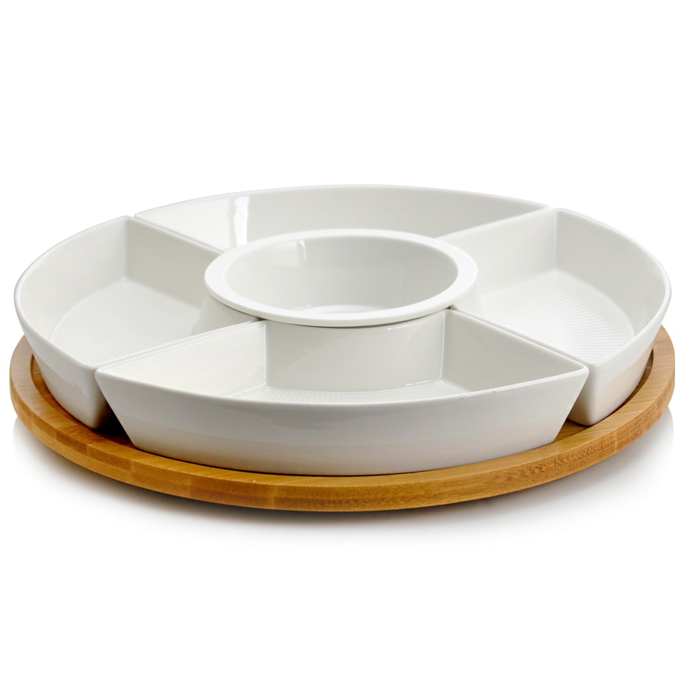 Elama Signature 6-Piece Lazy Susan Appetizer And Condiment Server Set, 2-1/4in x 12-1/4in, White/Bamboo