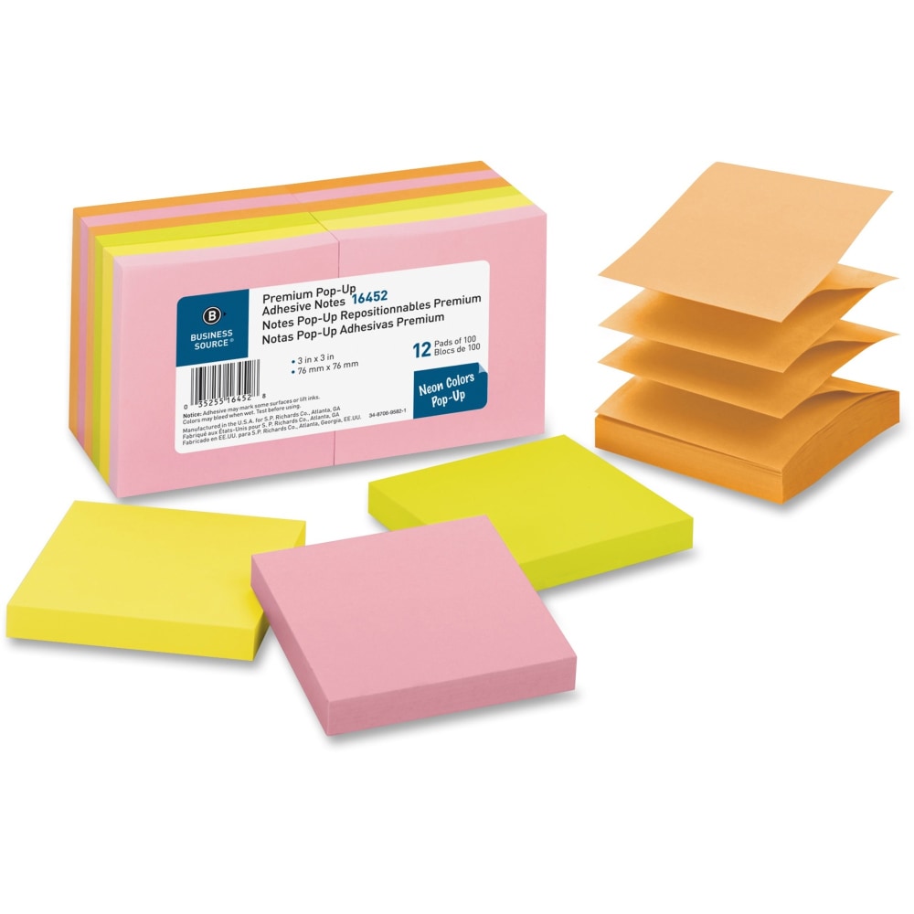 Business Source Reposition Pop-up Adhesive Notes - 3in x 3in - Square - Assorted Neon - Removable, Repositionable, Solvent-free Adhesive - 12 / Pack