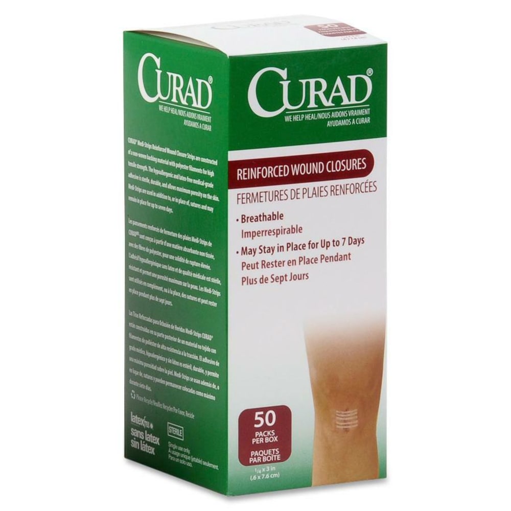 CURAD Sterile Medi-Strips Reinforced Wound Closures, 1/4in x 3in, White, 3 Per Pack, Box Of 50 Packs