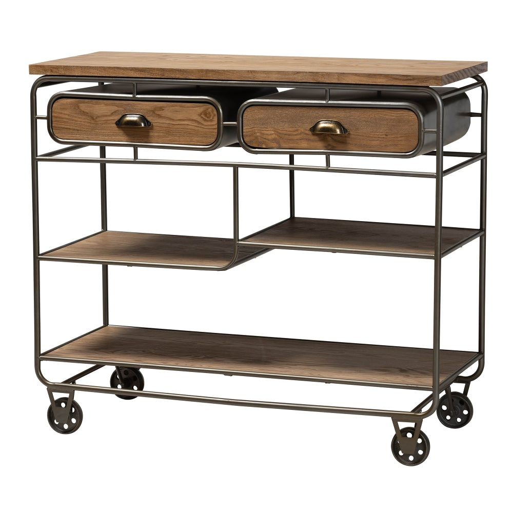 Baxton Studio Vintage Rustic Industrial 2-Drawer Kitchen Cart, 32-1/4in x 38-1/2in, Oak Brown/Black