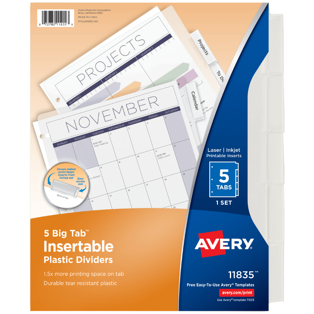 Avery Big Tab Insertable Plastic Dividers, 8-1/2in x 11in, Clear, Pack Of 5 Dividers