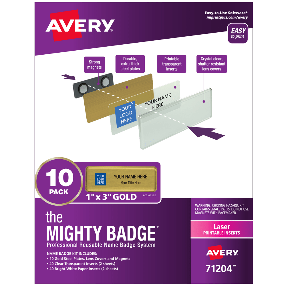 Avery The Mighty Badge Magnetic Badges For Laser Printers, 1in x 3in, Gold, Pack Of 10 Badges