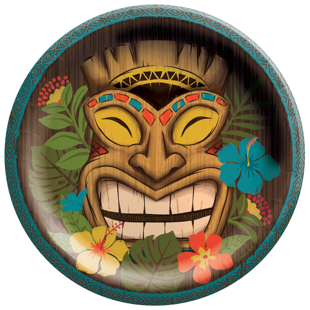 Amscan Vintage Tiki Round Paper Plates, 6-3/4in, Brown, 50 Plates Per Pack, Set Of 2 Packs