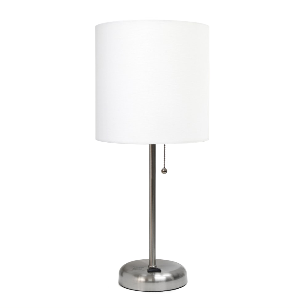 LimeLights Stick Lamp with Charging Outlet, 19-1/2inH, White Shade/Brushed Steel Base