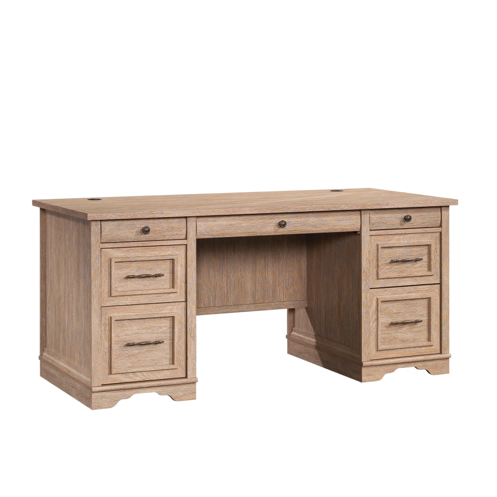 Sauder Rollingwood 66inW Double-Pedestal Executive Computer Desk With Filing Drawers, Brushed Oak