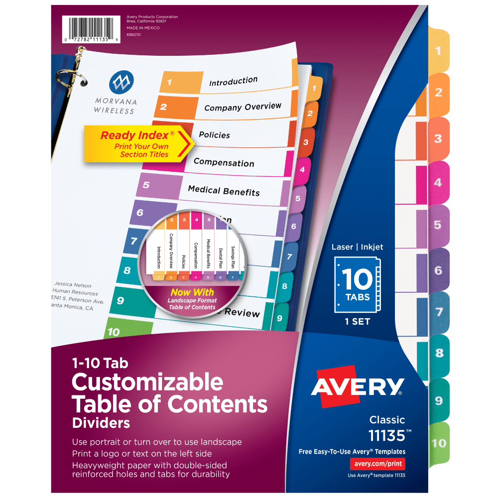 Avery Ready Index 1-10 Tab Binder Dividers With Customizable Table Of Contents, 8-1/2in x 11in, 10 Tab, White/Multicolor, 1 Set