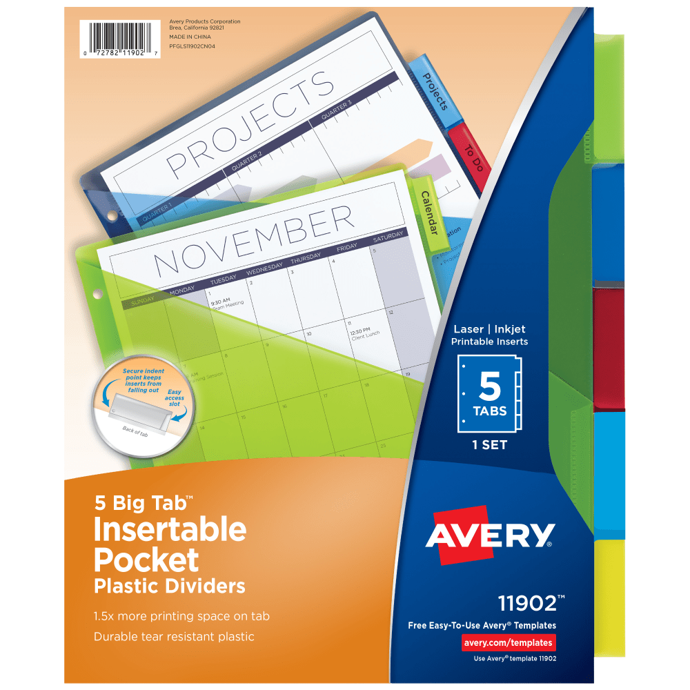 Avery Big Tab Insertable Plastic Dividers, Single Pocket, Multicolor, 5-Tab