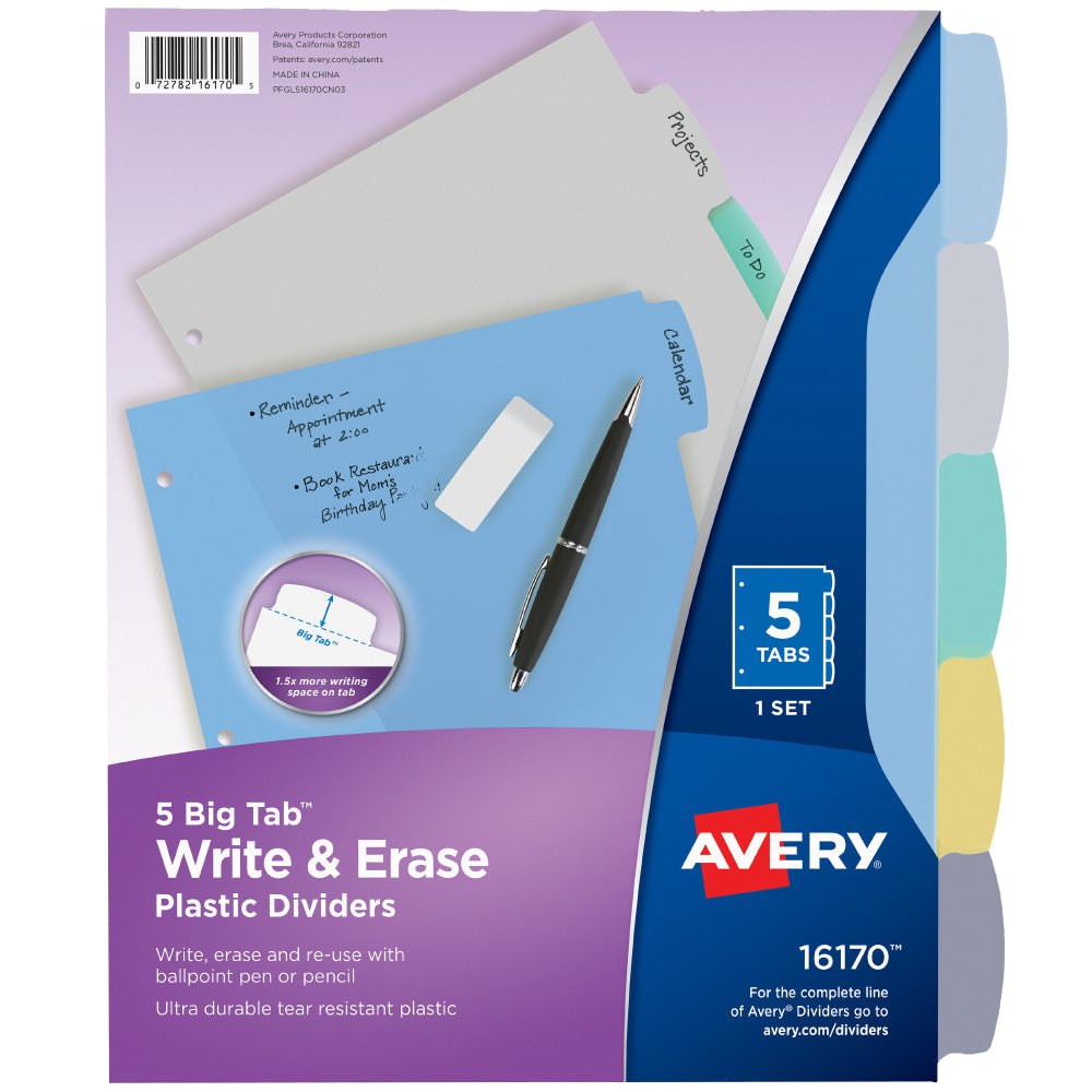 Avery Durable Write-On Plastic Dividers With Erasable Tabs, 8 1/2in x 11in, Multicolor, 5 Tabs