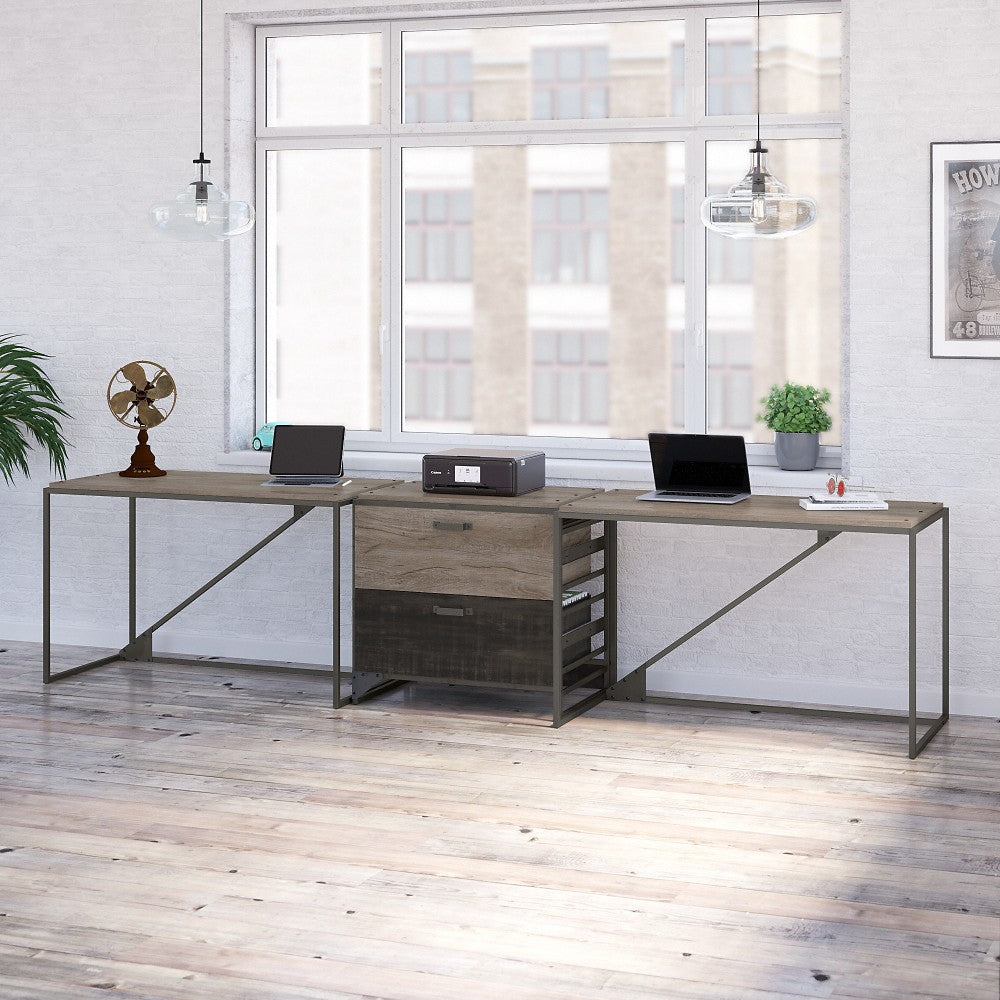 Bush Furniture Refiner 50inW 2-Person Industrial Computer Desk Set With Lateral File Cabinet, Rustic Gray/Charred Wood, Standard Delivery