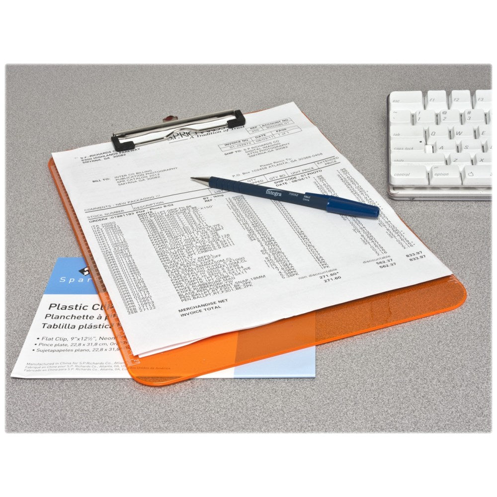 Sparco Plastic Clipboard With Flat Clip, 8 1/2in x 11in, Neon Orange