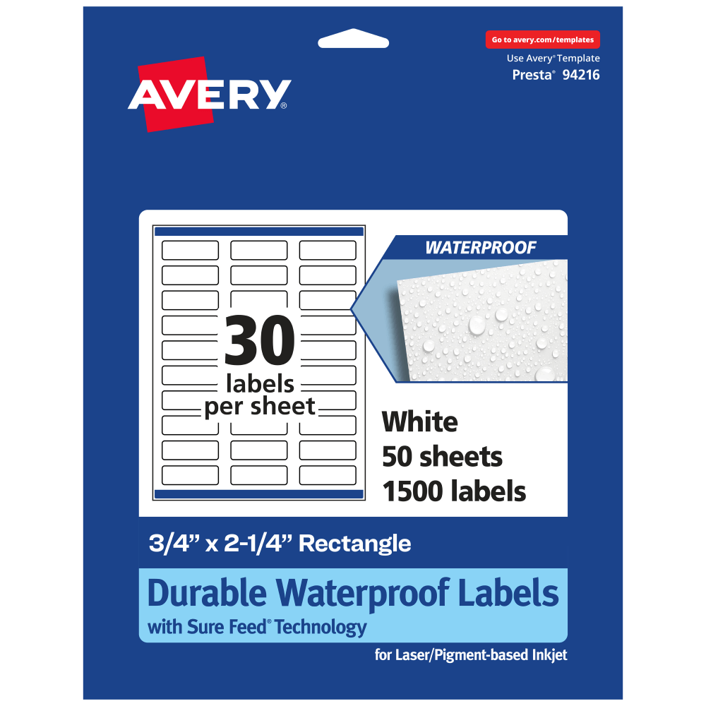 Avery Waterproof Permanent Labels With Sure Feed, 94216-WMF50, Rectangle, 3/4in x 2-1/4in, White, Pack Of 1,500