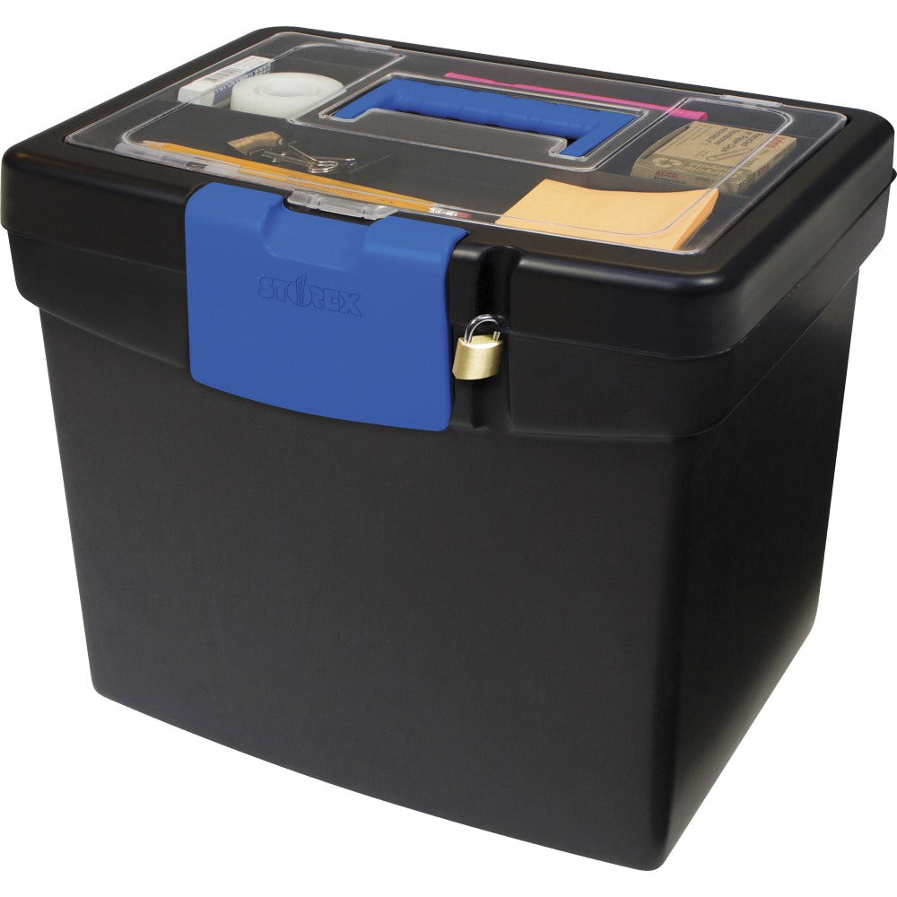 Storex File Storage Box with XL Storage Lid - External Dimensions: 10.9in Length x 13.3in Width x 11in Height - 30 lb - Media Size Supported: Letter 8.50in x 11in - Clamping Latch Closure - Plastic - Black, Blue - For File, Folder - 1 Each