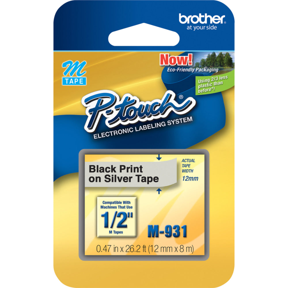 Brother P-touch Nonlaminated M Series Tape Cartridge, 1/2inW x 26 1/5L , Rectangle, Silver, 3 Per Bundle