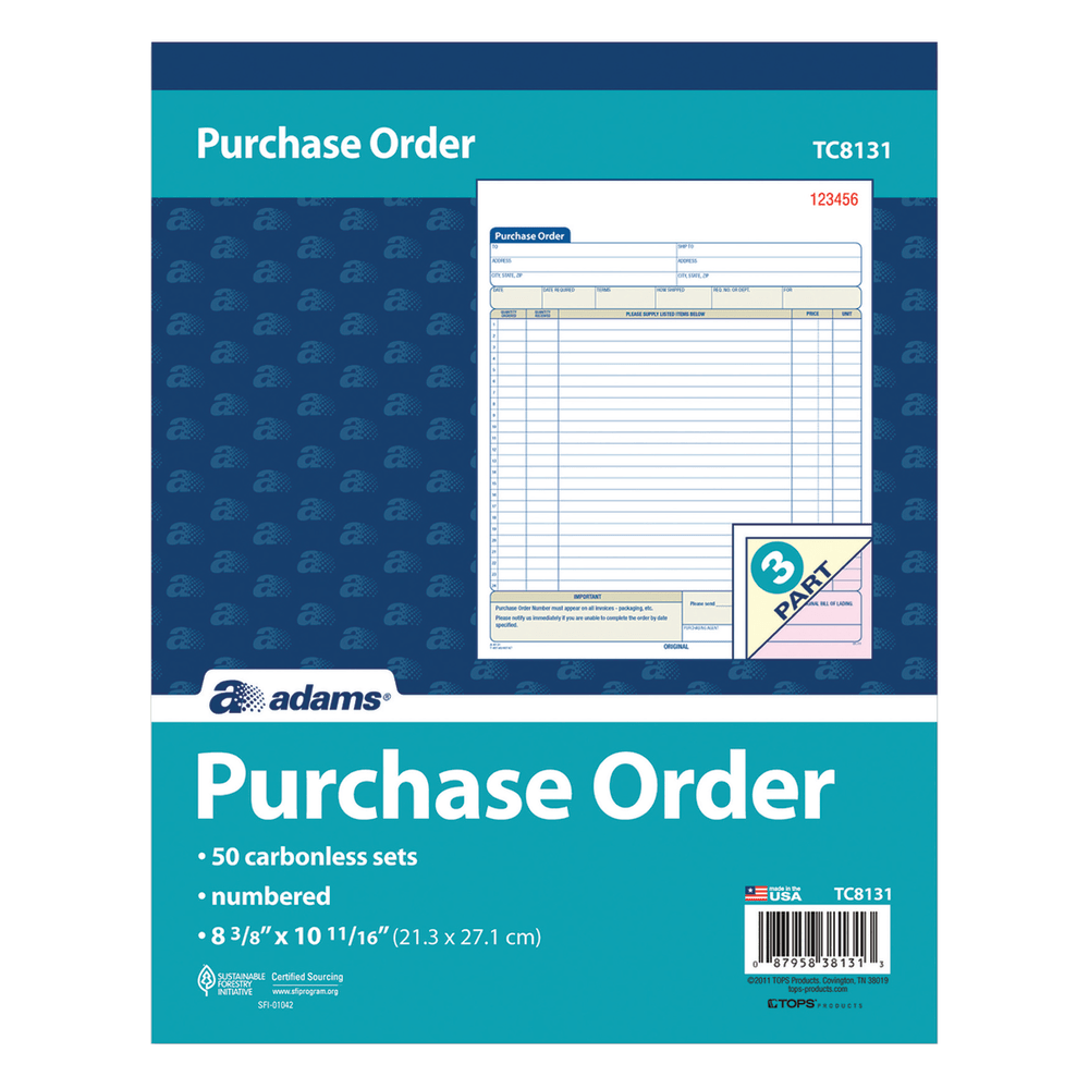 Adams Carbonless Purchase Order Book, 8 3/8in x 10 11/16in, 3-Part, 50 Set Pad