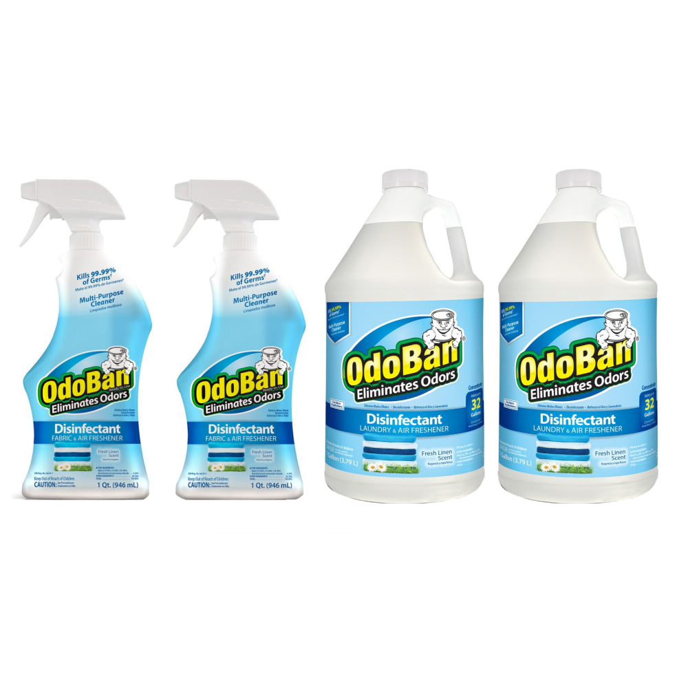 OdoBan Odor Eliminator Disinfectant, Fresh Linen Scent, Case Of 2 Qt Spray Bottles And 2 Gallon Concentrates