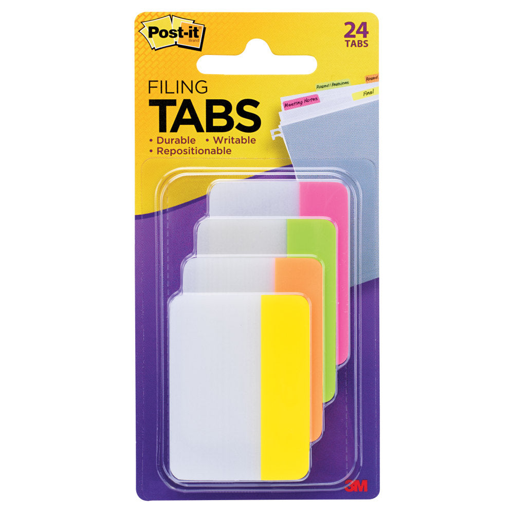 Post-it Notes Durable Filing Tabs, 2in x 1-1/2in, Assorted Colors, 6 Flags Per Pad, Pack Of 4 Pads