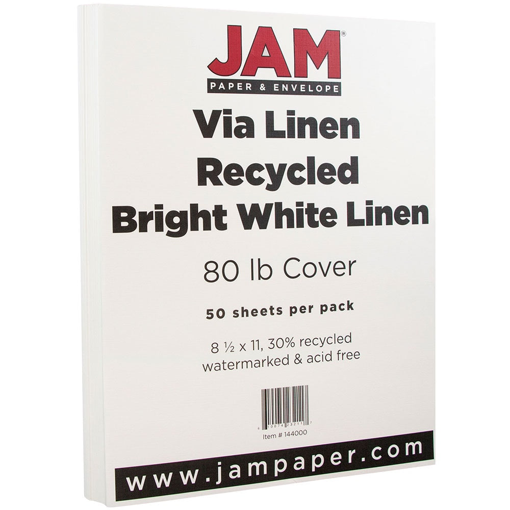 JAM Paper Card Stock, Strathmore Bright White Laid, Letter (8.5in x 11in), 80 Lb, 30% Recycled, Pack Of 50