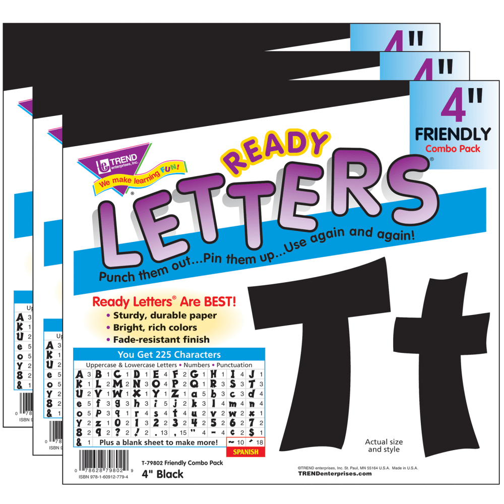 TREND Ready Letters, 4in, Friendly Combo, Black, Set Of 3 Packs