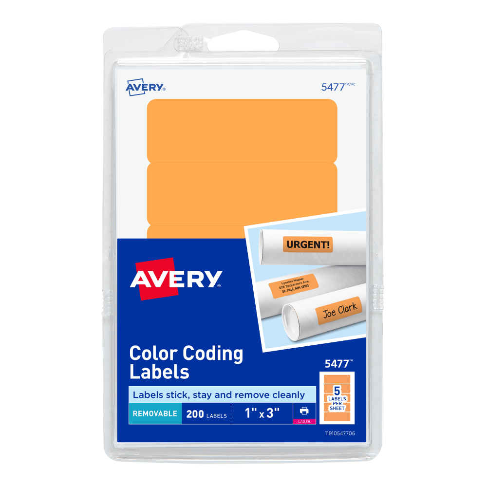 Avery Self-Adhesive Removable Print Or Write Color Coding Labels, 5477, Rectangle, 1in x 3in, Neon Orange, Pack Of 200