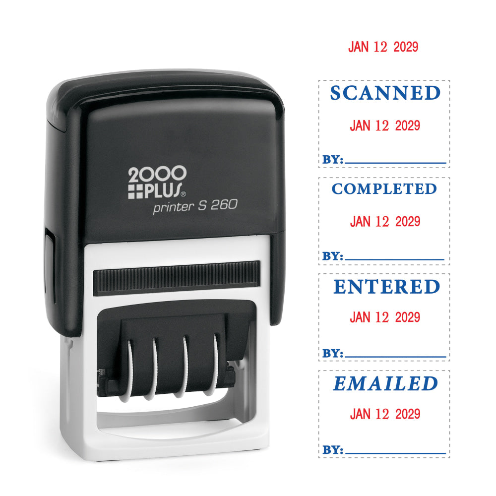 2000 PLUS Date Message Dater Stamp Entered, Scanned, Emailed, Received  Stamp, 4-in-1 Date Message Dater Self-Inking Stamp, 15/16in x  1-3/4in Impression, Blue and Red Ink