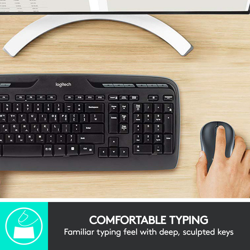 LogitechMK320 Wireless Straight Full-Size Keyboard & Ambidextrous Optical Mouse, Black