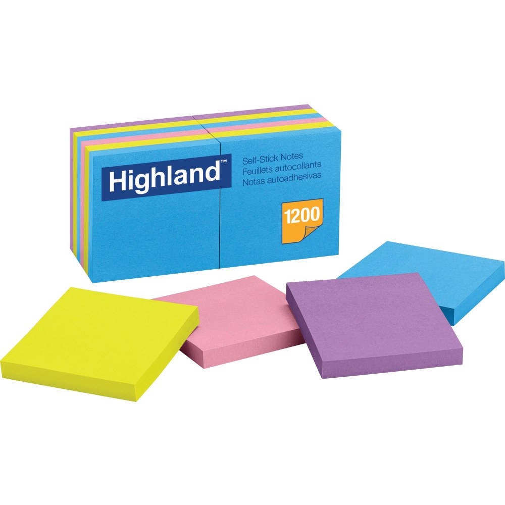 Highland Self-Stick Notes, 3in x 3in, Assorted Bright Colors, 100 Sheets Per Pad, Pack Of 12 Pads