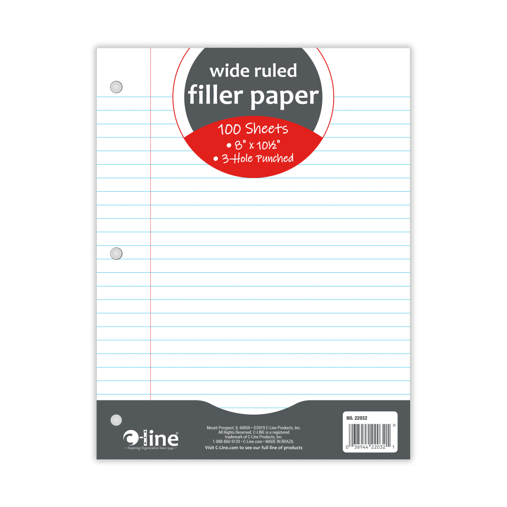 C-Line Filler Paper, 8in x 10-1/2in, Wide Rule, 100 Sheets Per Pack, White, Case Of 36 Packs