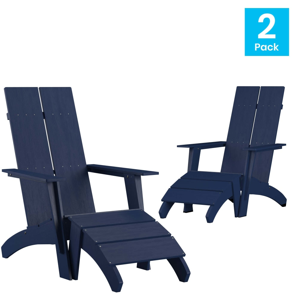 Flash Furniture Sawyer Modern All-Weather Poly Resin Wood Adirondack Chairs With Footrests, Navy, Set Of 2 Chairs