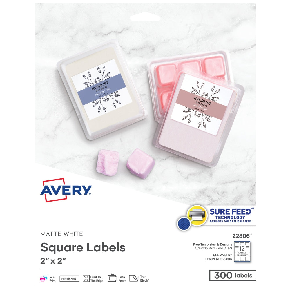 Avery Easy Peel TrueBlock Print-To-The-Edge Inkjet/Laser Labels, Square, 22806, 2in x 2in, Matte White, Pack Of 300