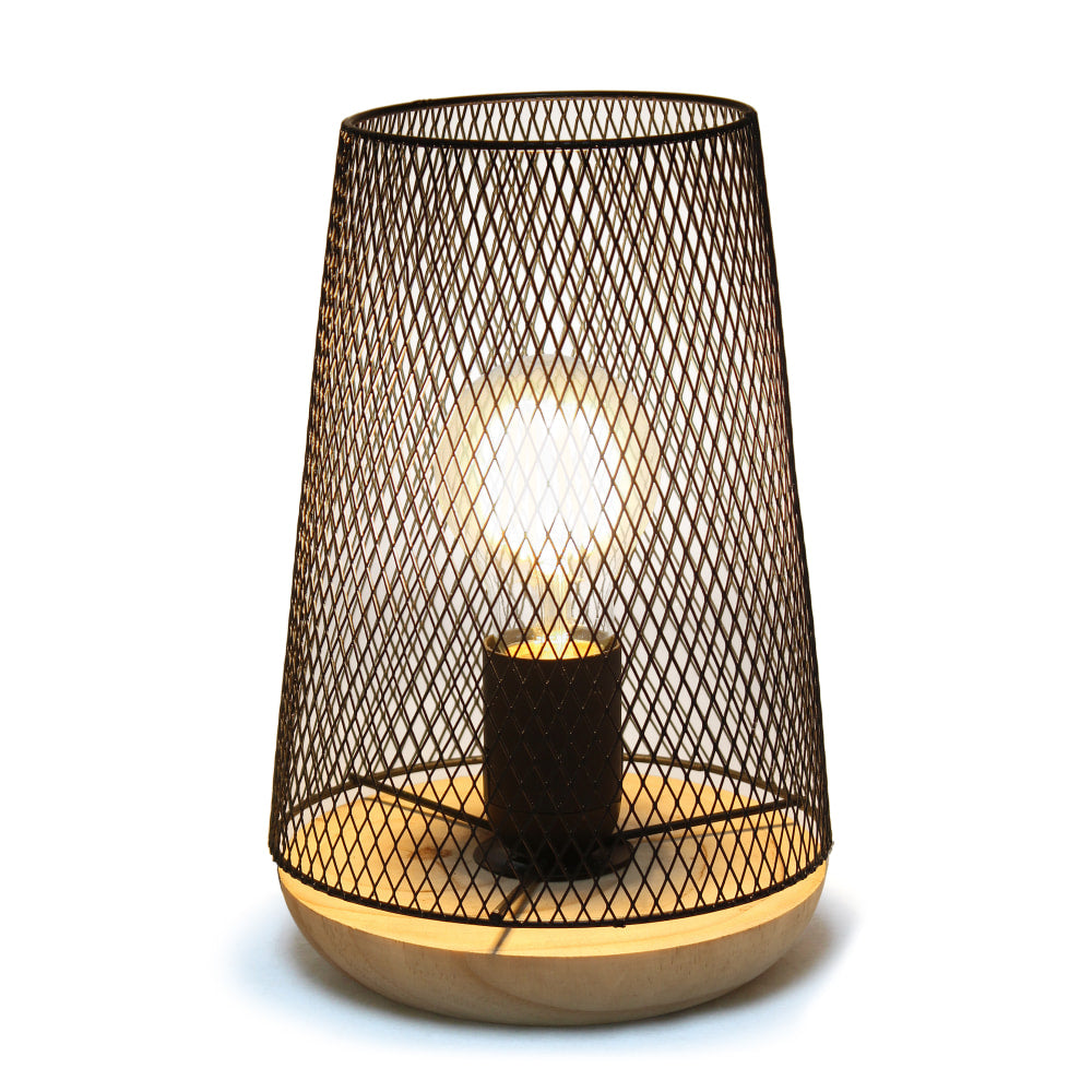 Simple Designs Wired Mesh Uplight Table Lamp, 9inH, Black Shade/Natural Wood Base