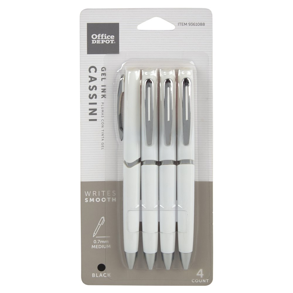 Office Depot Brand Cassini Side-Click Gel Pens, Medium Point, 0.7 mm, White Barrel, Black Ink, Pack Of 4 Pens