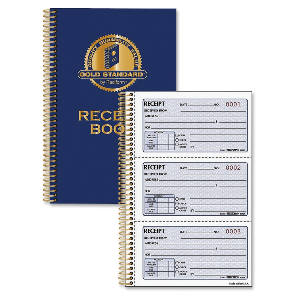 Rediform Gold Standard Receipt Book, 2-Part, Carbonless, 5 1/2in x 8 1/2in, 225 Sheets