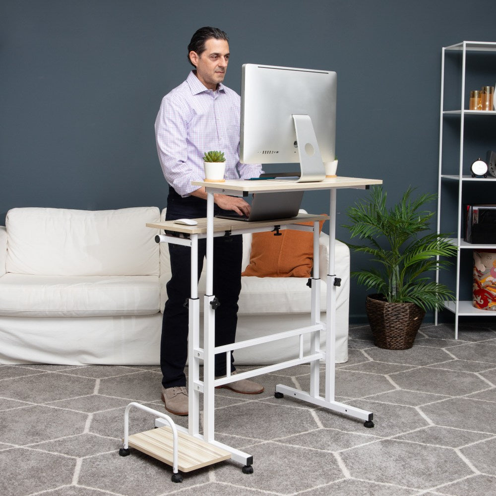 Mind Reader Mobile 21.25inW Height Adjustable Mobile Sit/Stand Desk, White