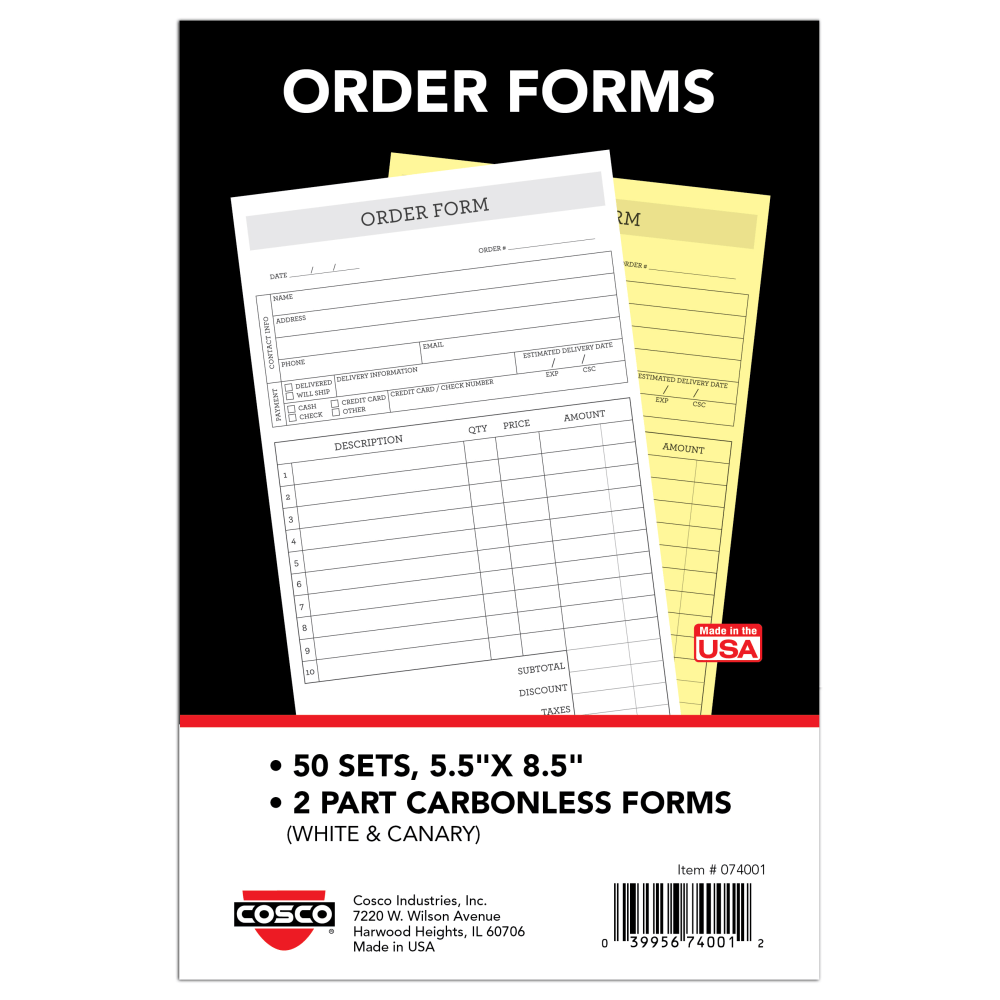 COSCO Order Form Book, 2-Part Carbonless, 8-1/2in x 5-1/2in, Simple, Book Of 50 Sets