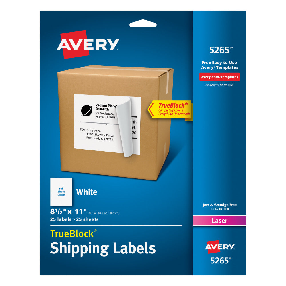 Avery Shipping Labels With TrueBlock Technology, Permanent Adhesive, 5265, Rectangle, 8-1/2in x 11in, White, Box Of 25