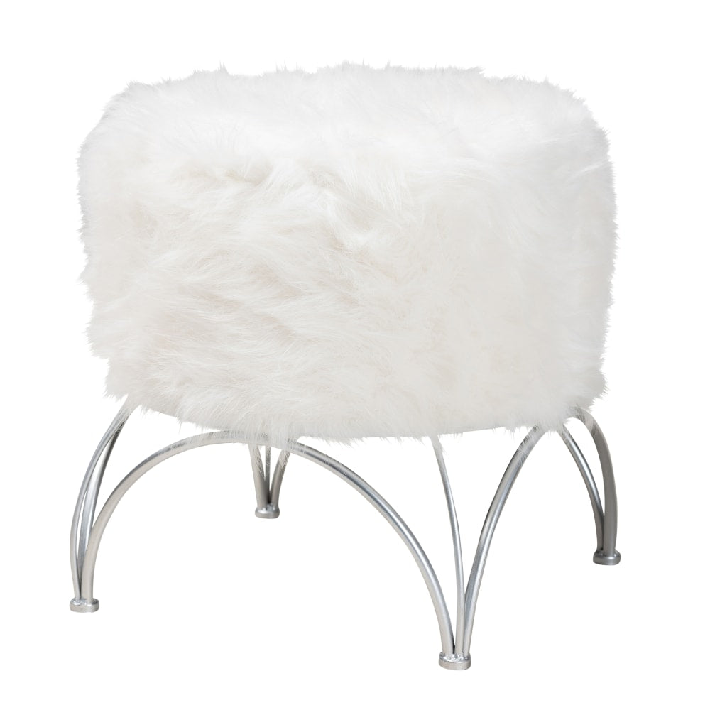 Baxton Studio Modern And Contemporary Faux Fur Round Ottoman, White/Silver