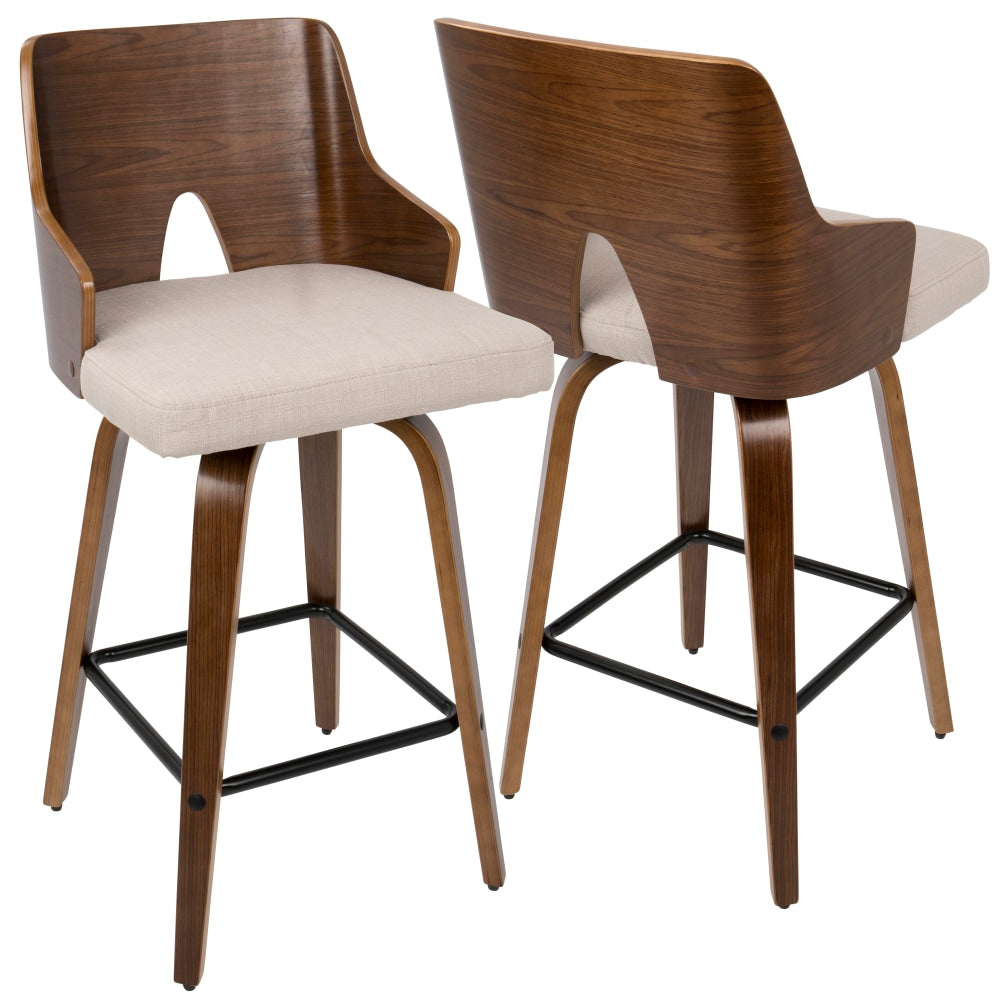 LumiSource Ariana Mid-Century Modern Counter Stools, Walnut/Beige, Set Of 2 Stools