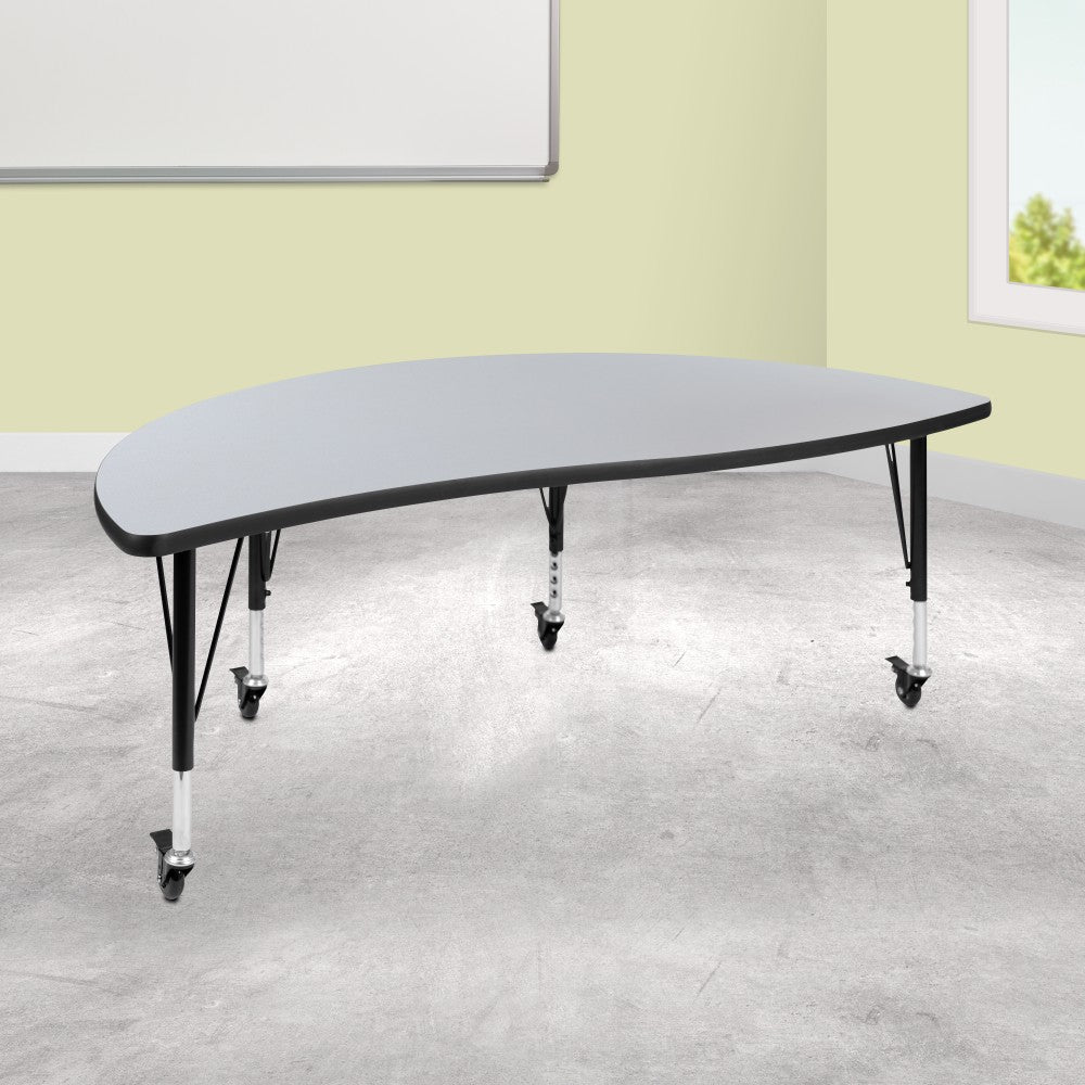 Flash Furniture Mobile Half Circle Wave Flexible Collaborative Thermal Laminate Activity Table With Height-Adjustable Short Legs, 25inH x 30inW x 60inD, Gray