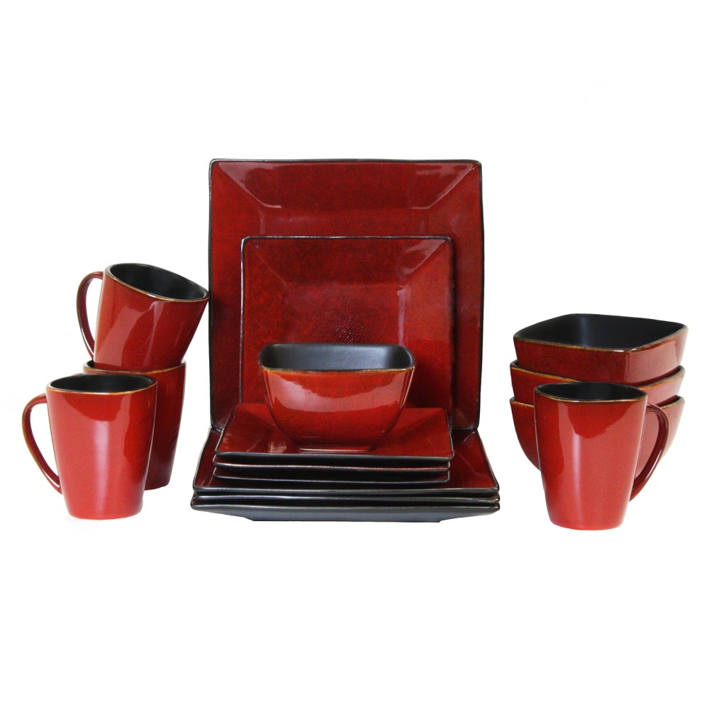 Elama 16-Piece Stoneware Dinnerware Set, Red