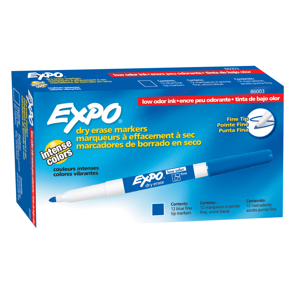 EXPO Low-Odor Dry-Erase Markers, Fine Point, Blue, Pack Of 12