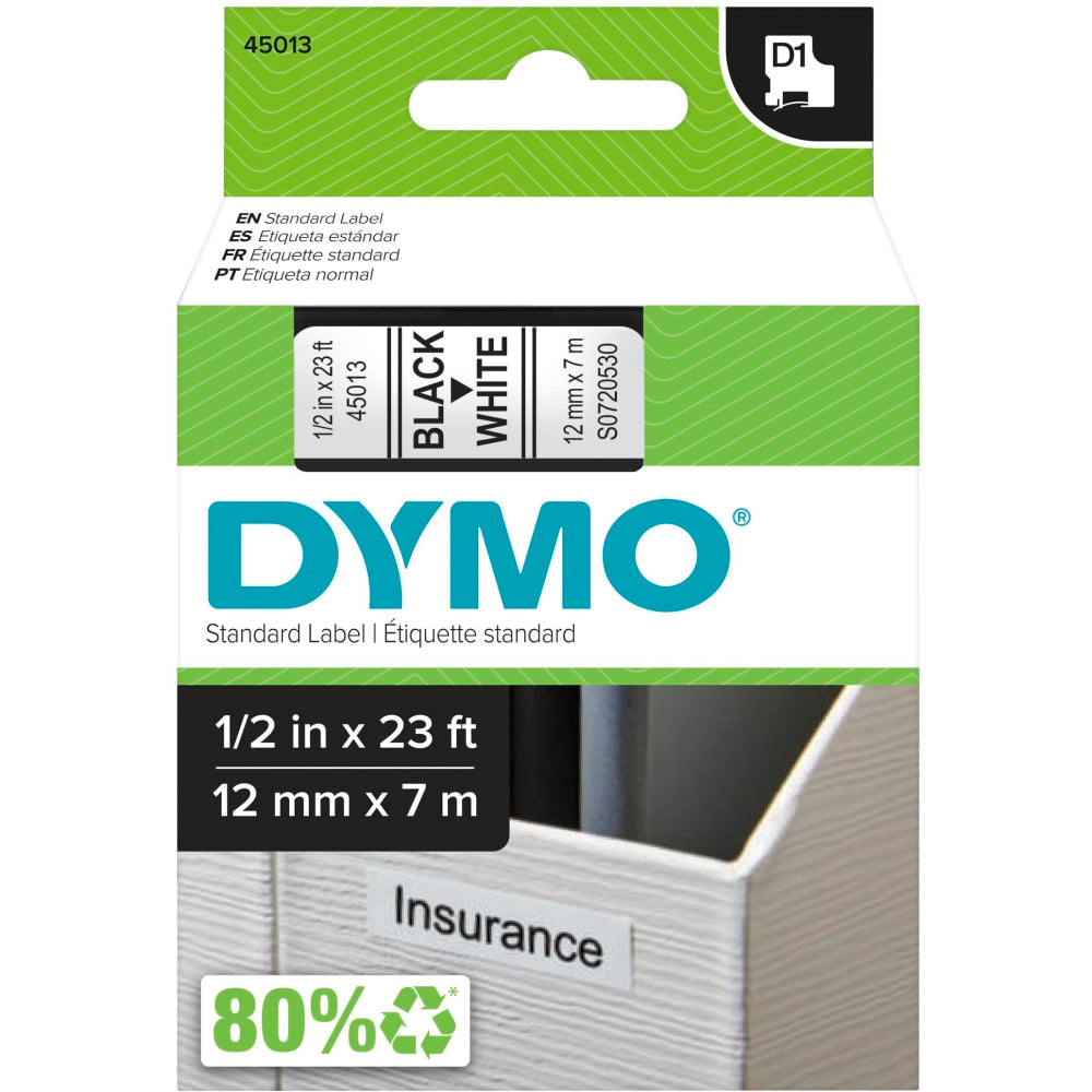 DYMO D1 45013 Black-On-White Tape, 0.5in x 23ft