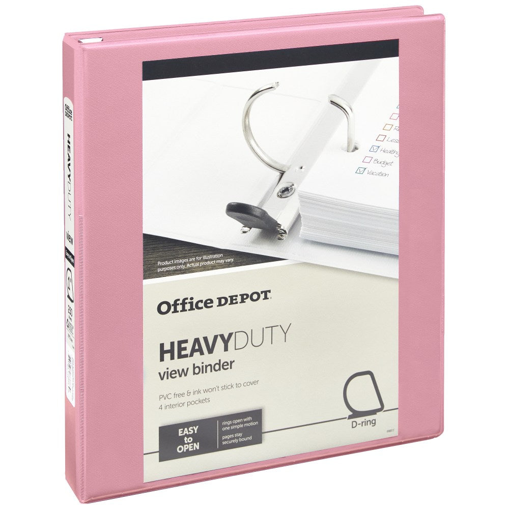 Office Depot Heavy-Duty View 3-Ring Binder, 1in D-Rings, Pink