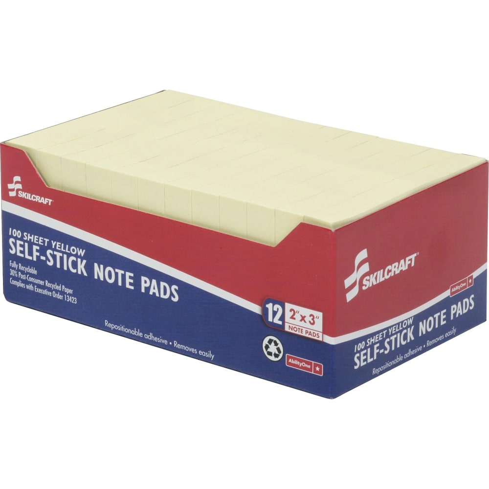 SKILCRAFT Self-Stick 30% Recycled Notes, 1200 Total Notes, Pack Of 12 Pads, 2in x 3in, Yellow, 100 Notes Per Pad, (AbilityOne 7530-01-207-4356)